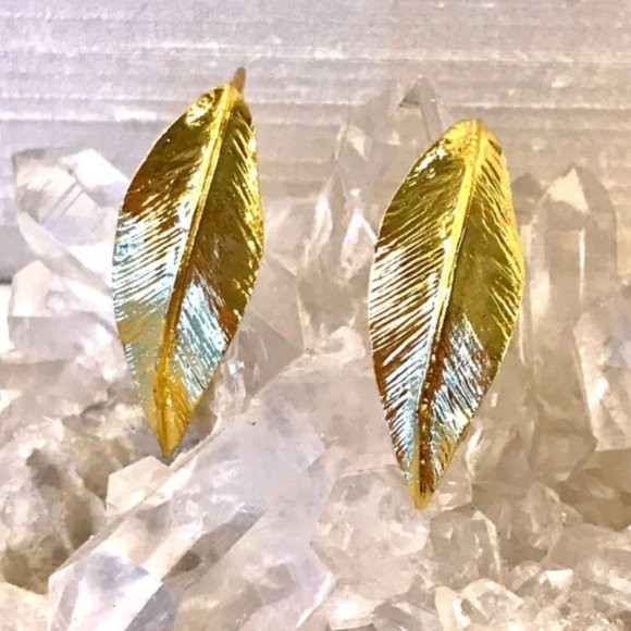 Golden Metal Leaf Statement Earrings - Picture 3 of 6
